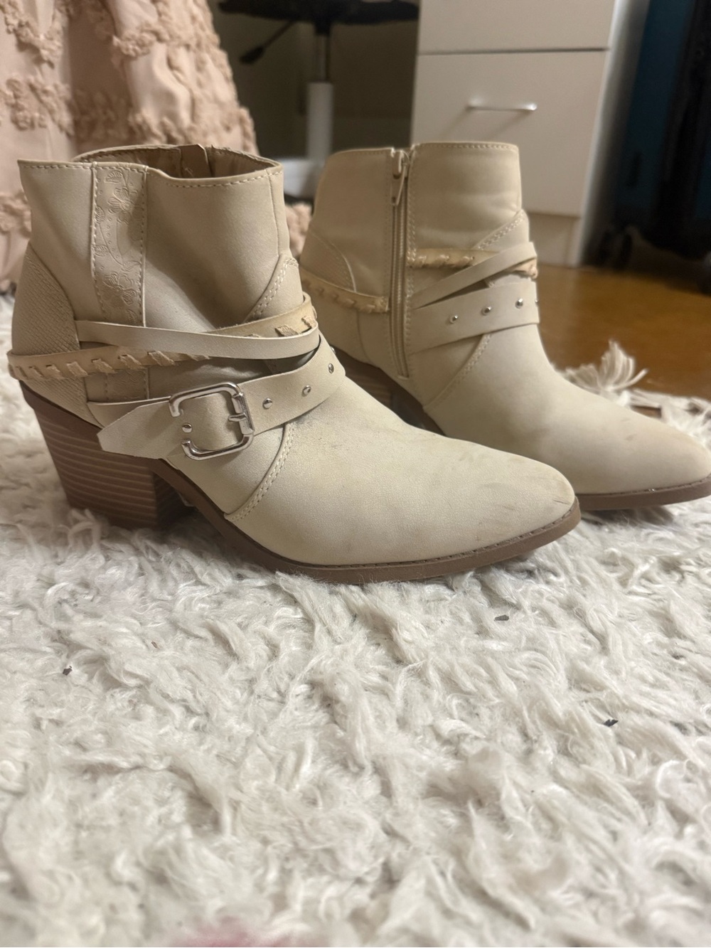 Maurices Cream Ankle Booties with Buckle Strap